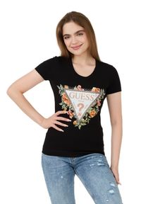 Guess - GUESS Czarny damski t-shirt Triangle Flowers, Rozmiar S. Kolor: czarny
