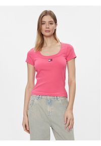 Tommy Jeans T-Shirt Tjw Slim Badge Rib Tee Ss DW0DW17396 Różowy Slim Fit. Kolor: różowy. Materiał: bawełna