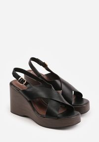 Renee - Czarne Sandały na Platformie i Koturnie z Geometryczną Cholewką Adrasithise. Zapięcie: sprzączka. Kolor: czarny. Wzór: geometria. Obcas: na koturnie #7