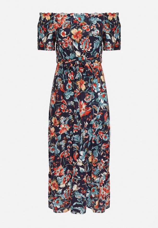 Born2be - Granatowo-Różowa Sukienka z Hiszpańskim Dekoltem z Wiązanym Paskiem w Kwiaty z Bawełny Rissanique. Okazja: na co dzień. Kolor: niebieski. Materiał: bawełna. Wzór: kwiaty. Sezon: lato. Typ sukienki: rozkloszowane. Styl: elegancki, casual