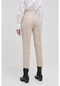 Trussardi Jeans - Trussardi spodnie lniane damskie kolor beżowy fason cygaretki high waist. Stan: podwyższony. Kolor: beżowy. Materiał: len #2