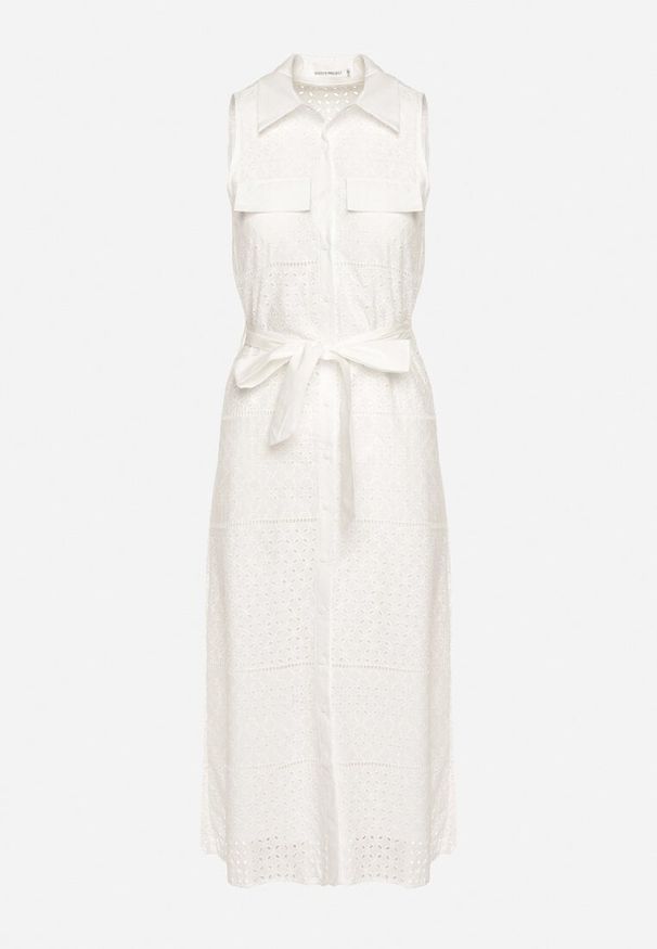 Born2be - Biała Bawełniana Sukienka Ażurowa o Koszulowym Kroju z Materiałowym Paskiem w Talii Vikiiana. Kolor: biały. Materiał: materiał, bawełna. Wzór: ażurowy. Typ sukienki: koszulowe. Styl: elegancki, wizytowy