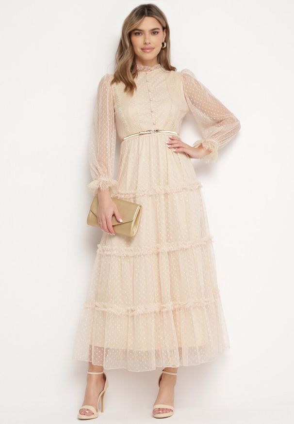 Born2be - Beżowa Rozkloszowana Sukienka Maxi z Przezroczystszego Tiulu Ozdobiona Koronką Lanessa. Kolor: beżowy. Materiał: tiul, koronka. Wzór: aplikacja, koronka. Długość: maxi