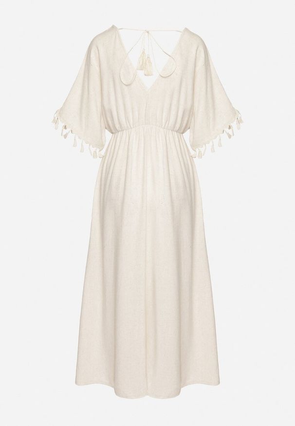 Born2be - Beżowa Wiskozowa Sukienka z Lnem o Kopertowym Kroju z Wiązaniem i Haftem Desarose. Okazja: na co dzień. Typ kołnierza: dekolt w kształcie V. Kolor: beżowy. Materiał: wiskoza, len. Długość rękawa: krótki rękaw. Wzór: haft. Typ sukienki: kopertowe. Styl: casual, elegancki