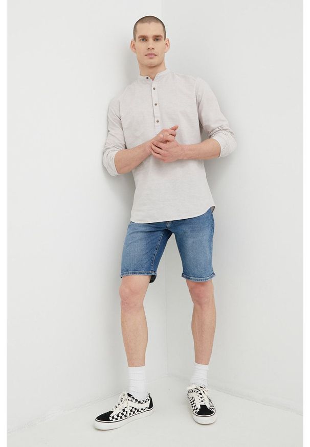 Premium by Jack&Jones koszula z domieszką lnu męska kolor szary slim ze stójką. Typ kołnierza: kołnierzyk stójkowy. Kolor: szary. Materiał: len. Długość rękawa: długi rękaw. Długość: krótkie