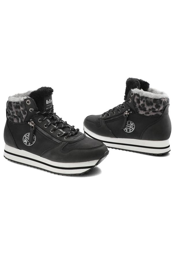 Czarne Botki Lee Cooper Ocieplane Buty Damskie. Kolor: czarny. Materiał: futro, skóra ekologiczna, materiał, syntetyk. Szerokość cholewki: normalna. Wzór: nadruk, motyw zwierzęcy. Obcas: na obcasie. Styl: sportowy. Wysokość obcasa: średni