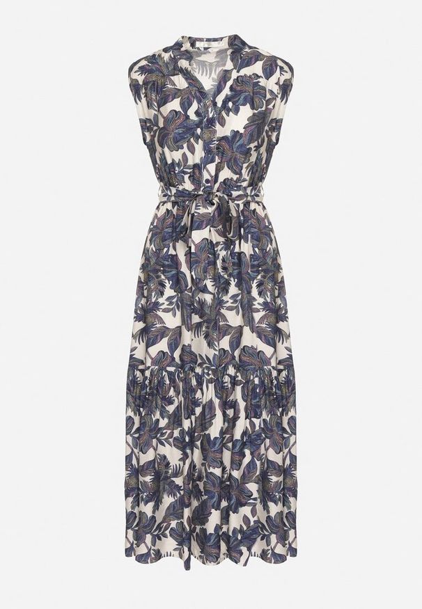 Born2be - Niebieska Rozkloszowana Sukienka Bez Rękawów z Wiskozy z Wiązanym Paskiem Reviosae. Okazja: na co dzień. Typ kołnierza: dekolt w serek. Kolor: niebieski. Materiał: wiskoza. Długość rękawa: bez rękawów. Typ sukienki: rozkloszowane. Styl: casual, klasyczny