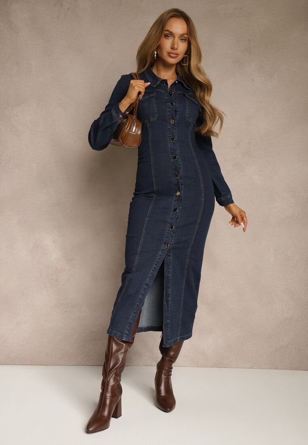 Renee - Granatowa Taliowana Sukienka Jeansowa o Koszulowym Fasonie Nezavia. Kolor: niebieski. Materiał: jeans. Typ sukienki: koszulowe. Styl: elegancki. Długość: midi