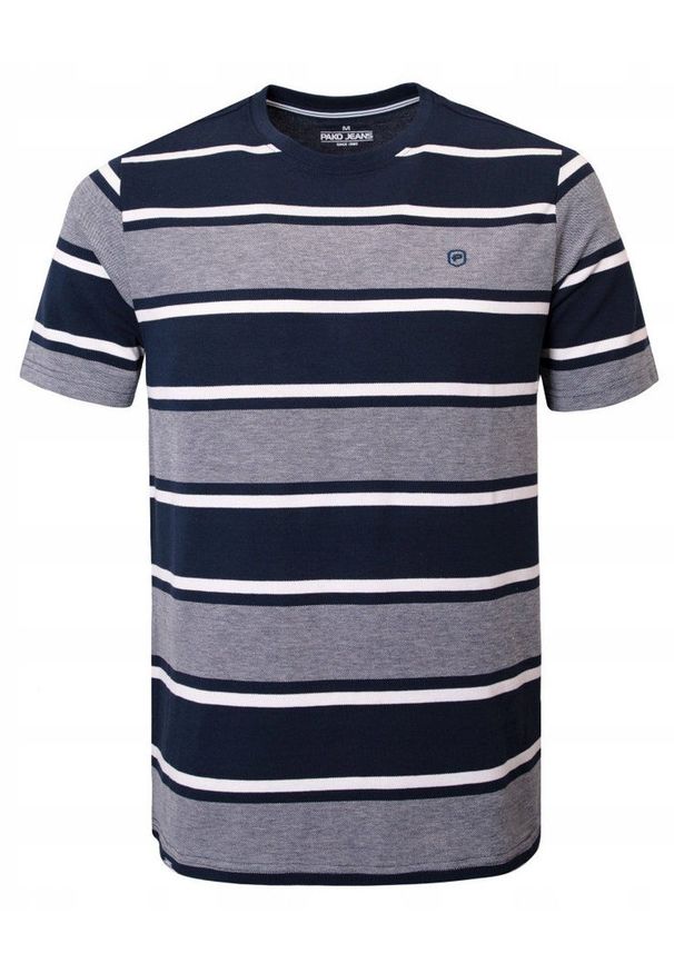 Bawełniana Koszulka Polo w Paski - Pako Jeans - Granat. Okazja: na co dzień. Typ kołnierza: polo. Kolor: niebieski. Materiał: bawełna. Wzór: prążki, paski. Styl: casual