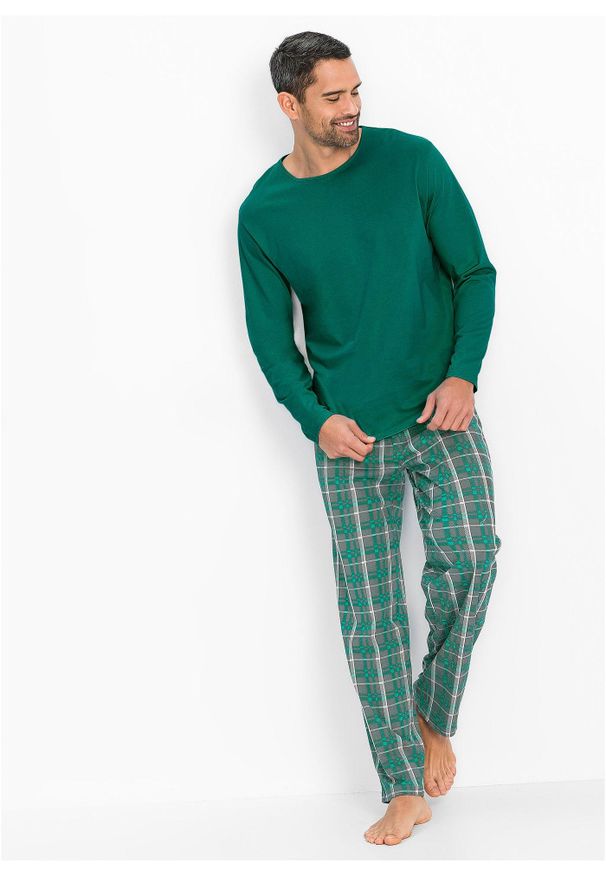 bonprix - Bawełniana piżama z długim rękawem. Kolor: zielony. Materiał: bawełna. Długość: długie