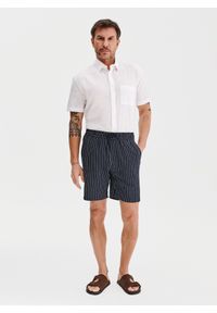 Pako Lorente - PAKO LORENTE - Granatowe spodenki męskie w prążek z lnem. Okazja: na co dzień. Kolor: niebieski. Materiał: len. Wzór: prążki. Styl: casual #4