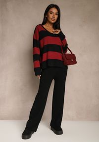 Renee - Bordowy Komplet z Dzianiny Spodnie Wide Leg i Sweter w Szerokie Pasy Falorella. Kolor: czerwony. Materiał: dzianina #4