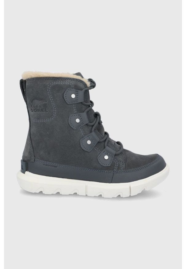sorel - Sorel - Śniegowce zamszowe Explorer II Joan Faux Fur. Nosek buta: okrągły. Zapięcie: sznurówki. Kolor: szary. Materiał: zamsz