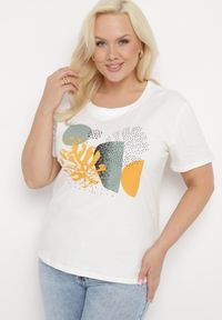 Born2be - Biały Bawełniany T-shirt z Nadrukiem i Cyrkoniami Tiimauni. Okazja: na co dzień. Kolor: biały. Materiał: bawełna. Wzór: nadruk. Styl: casual, klasyczny