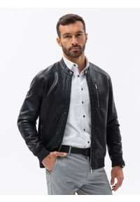 Ombre Clothing - Kurtka męska z imitacji skóry ze ściągaczem na dole - czarna V2 - Rozmiar: XL. Kolor: czarny. Materiał: skóra