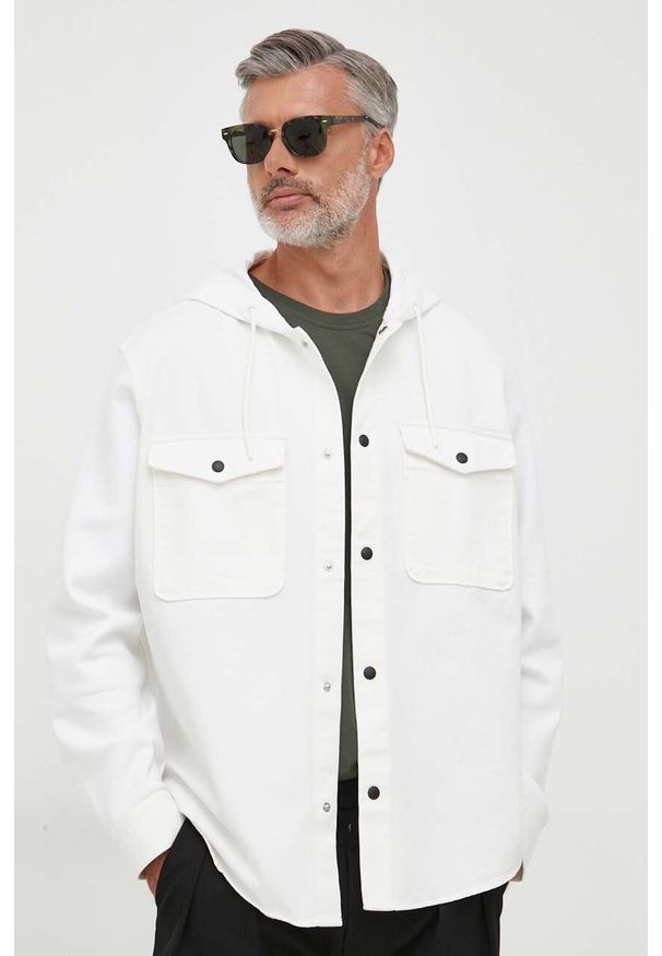 Armani Exchange koszula męska kolor beżowy relaxed. Typ kołnierza: kaptur. Kolor: beżowy. Długość rękawa: długi rękaw. Długość: długie