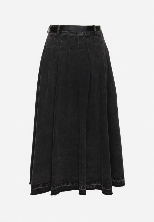 Born2be - Czarna Spódnica Jeansowa Rozkloszowana z Paskiem z Ekoskóry Nalier. Okazja: na co dzień. Kolor: czarny. Materiał: jeans. Styl: elegancki, casual