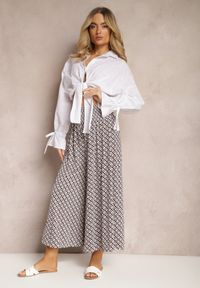 Renee - Czarno-Beżowe Spodnie High Waist z Bawełny z Rozszerzanymi Nogawkami i Gumką Nereialla. Stan: podwyższony. Kolor: czarny. Materiał: bawełna. Wzór: aplikacja #7