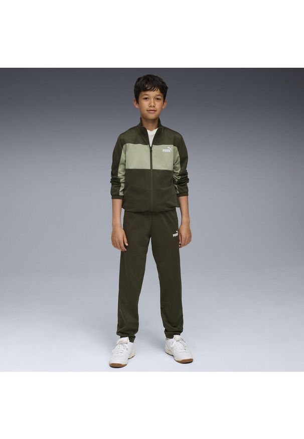 Puma - Młodzieżowy dres PUMA z poliestru z blokami kolorów PUMA. Okazja: na uczelnię. Kolor: zielony. Materiał: poliester, dresówka. Wzór: nadruk. Styl: młodzieżowy