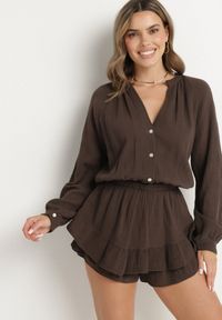 Born2be - Brązowy Bawełniany Kombinezon z Elastyczną Gumką w Talii i Spódnico-Spodenkami Gleasea. Okazja: na co dzień. Kolor: brązowy. Materiał: bawełna. Styl: casual, elegancki #1