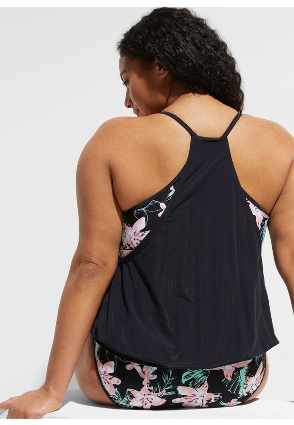 bonprix - Tankini oversize (2 części) z efektem warstw. Kolor: czarny. Długość rękawa: na ramiączkach. Wzór: nadruk. Styl: elegancki