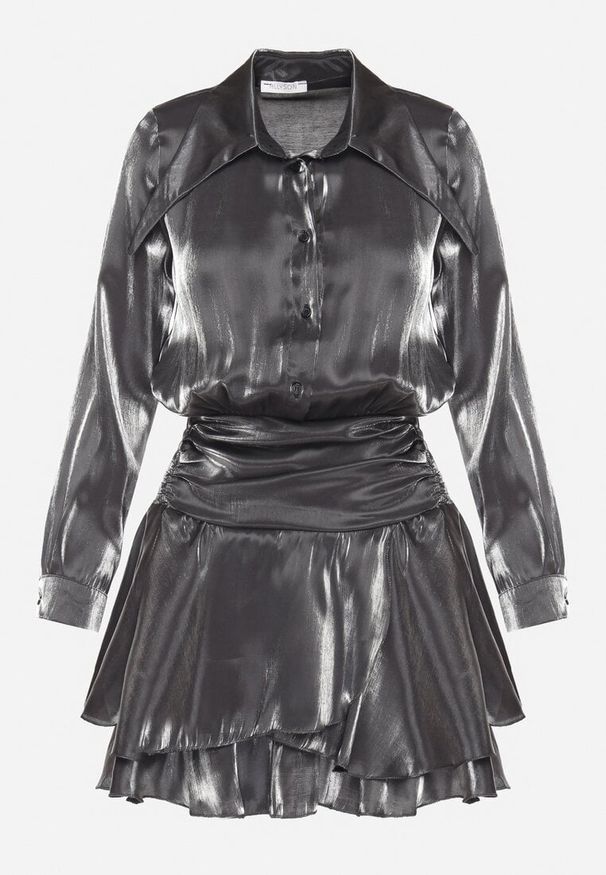 Born2be - Szara Sukienka z Wiskozy o Koszulowym Kroju z Falbankami Liova. Typ kołnierza: kołnierz z falbankami. Kolor: szary. Materiał: wiskoza. Typ sukienki: koszulowe