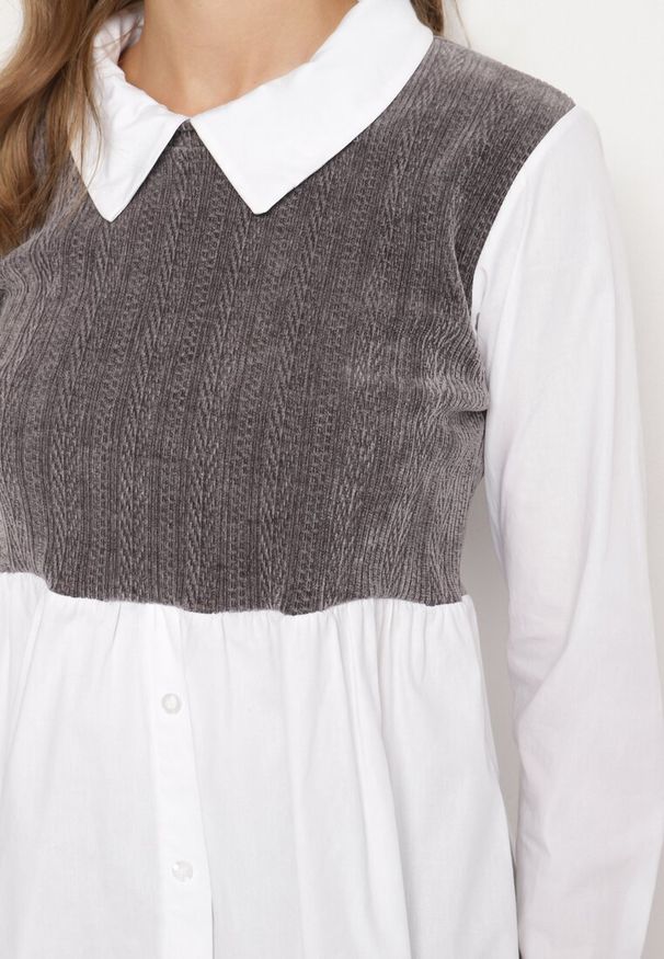 Born2be - Biało-Szara Bluzka Koszulowa z Bawełną Połączona z Dzianinową Kamizelką Etamaris. Typ kołnierza: kołnierzyk klasyczny. Kolor: biały. Materiał: bawełna, dzianina. Długość rękawa: długi rękaw. Długość: długie. Styl: klasyczny, elegancki