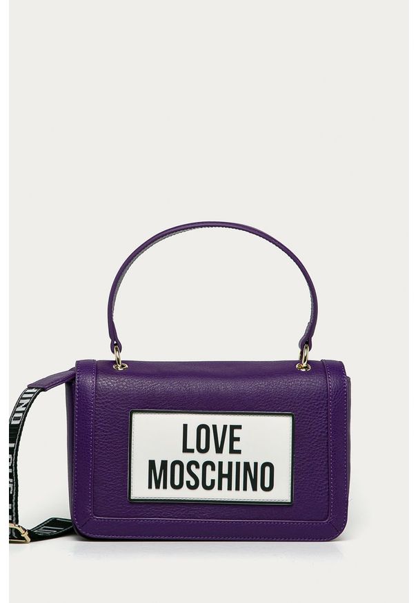 Love Moschino - Torebka skórzana. Kolor: fioletowy. Wzór: aplikacja. Dodatki: z aplikacjami. Materiał: skórzane. Rozmiar: małe. Rodzaj torebki: na ramię