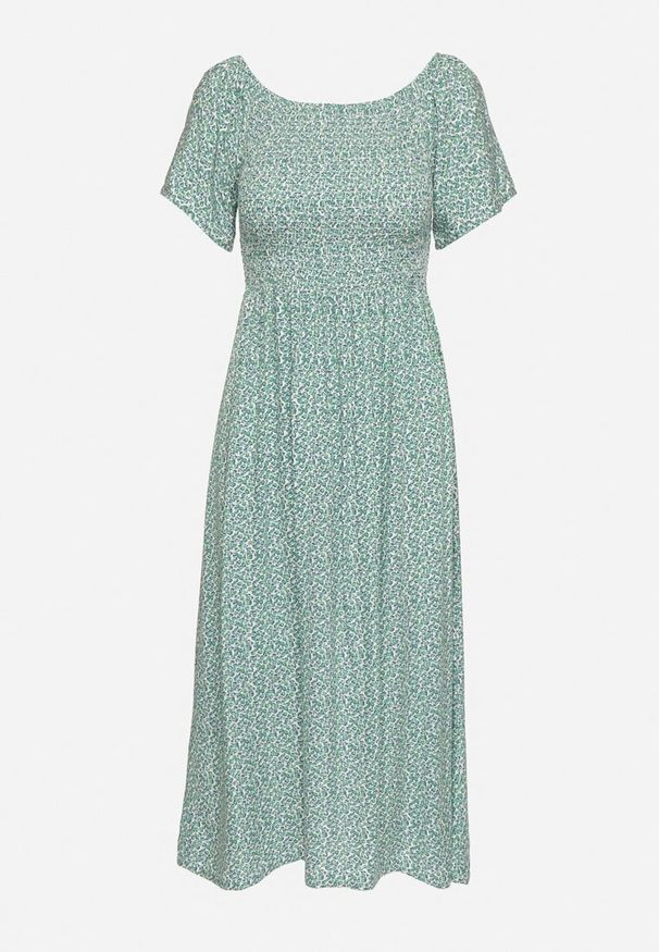 Born2be - Zielona Rozkloszowana Sukienka Hiszpanka z Bawełny w Kwiatowy Wzór Sadrivae. Okazja: na co dzień. Typ kołnierza: dekolt hiszpanka. Kolor: zielony. Materiał: bawełna. Wzór: kwiaty. Styl: casual, klasyczny