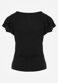 Born2be - Czarna Bawełniana Bluzka o Prostym Kroju z Krótkim Rękawem z Falbanek Himoni. Okazja: do pracy, na co dzień. Typ kołnierza: kołnierz z falbankami. Kolor: czarny. Materiał: bawełna. Długość rękawa: krótki rękaw. Długość: krótkie. Styl: elegancki, klasyczny, casual #4