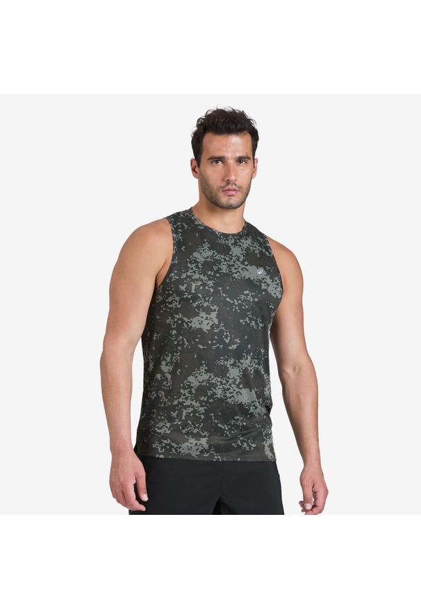 DOMYOS - Koszulka fitness męska Domyos bez rękawów. Kolor: zielony. Materiał: materiał, poliester. Długość rękawa: bez rękawów