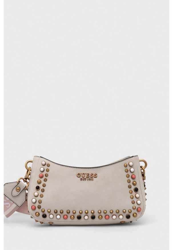 Guess torebka kolor beżowy. Kolor: beżowy. Wzór: aplikacja. Dodatki: z aplikacjami