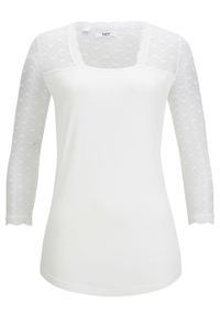 Shirt z koronką, rękawy 3/4 bonprix biały. Kolor: biały. Materiał: materiał, elastan, wiskoza, poliamid. Wzór: koronka #1