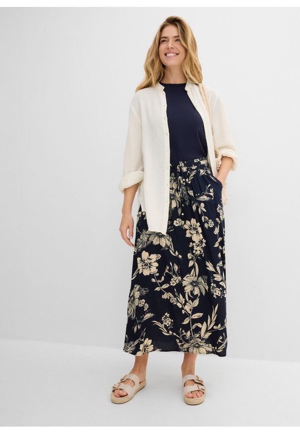 bonprix - Spódnica maxi z wiskozy z wygodnym ściągaczem w talii z wiązanym paskiem. Kolor: niebieski. Materiał: wiskoza. Wzór: nadruk