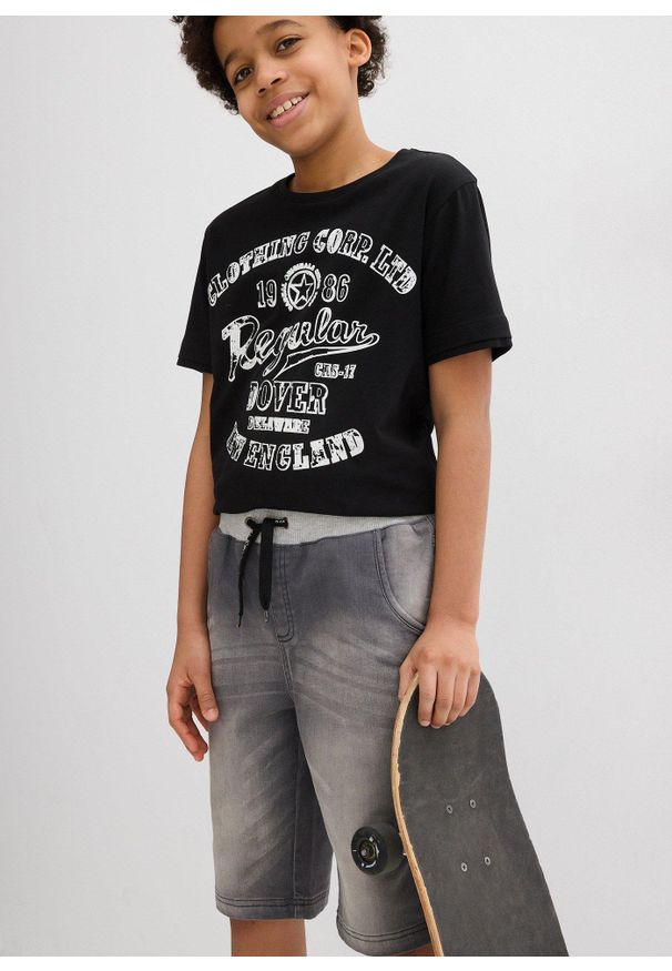 bonprix - Bermudy dżinsowe na gumce o kroju regular fit. Kolor: szary. Materiał: prążkowany, dzianina, materiał, dresówka. Wzór: prążki