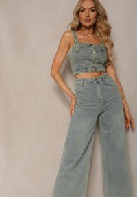 Renee - Niebieski Komplet z Jeansu Top na Ramiączkach Regulowanych i Luźne Szerokie Jeansy Ximeria. Kolor: niebieski. Materiał: jeans #2