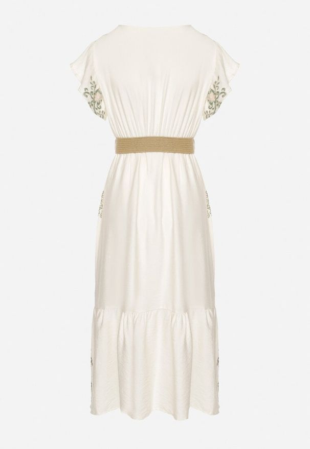 Born2be - Biało-Zielona Wiskozowa Sukienka z Kopertowym Dekoltem i Paskiem Nilazea. Okazja: na co dzień. Kolor: biały. Materiał: wiskoza. Typ sukienki: kopertowe. Styl: boho, elegancki, casual