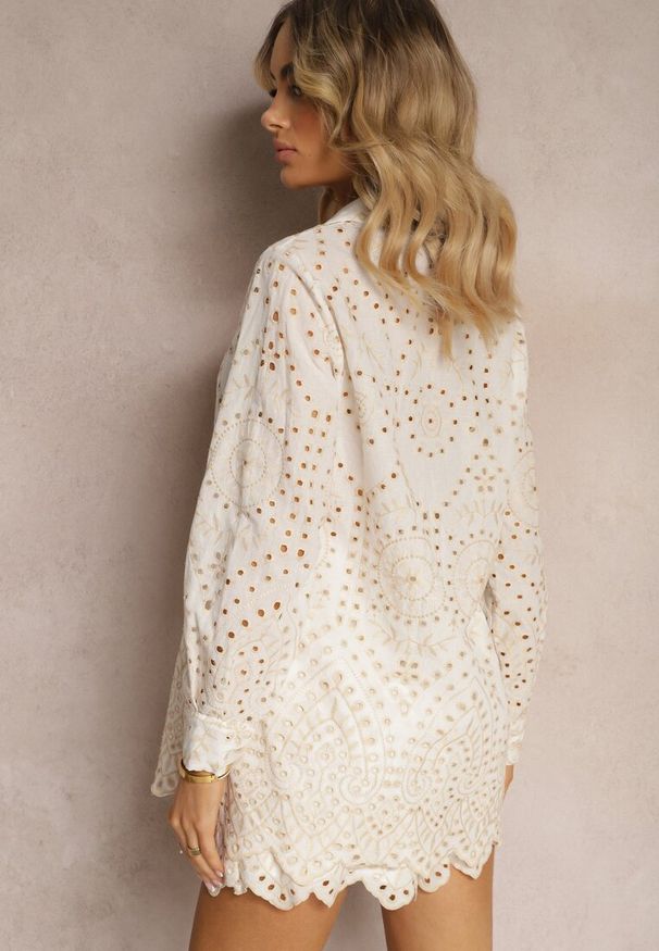 Renee - Beżowy Haftowany Komplet z Bawełny Koszula z Długim Rękawem i Luźne Szorty Lecobia. Kolor: beżowy. Materiał: bawełna. Wzór: haft