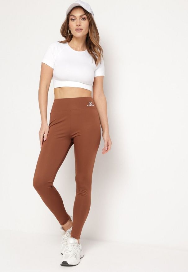 Born2be - Brązowe Legginsy z Wysokim Stanem i Gumką w Pasie Bloelia. Stan: podwyższony. Kolor: brązowy. Wzór: gładki