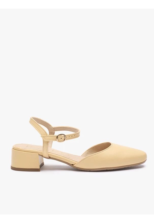 Ryłko - Jasnożółte czółenka slingback na niskim słupku. Okazja: na co dzień. Nosek buta: okrągły. Zapięcie: sprzączka. Kolor: żółty. Materiał: skóra. Sezon: wiosna, lato. Obcas: na słupku. Styl: casual, street. Wysokość obcasa: średni