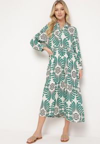 Born2be - Zielono-Biała Sukienka z Wiskozy z Podpinanymi Rękawami Zapinana na Guziki z Falbanką Kiosara. Typ kołnierza: dekolt w serek. Kolor: zielony. Materiał: wiskoza. Sezon: wiosna, lato. Styl: klasyczny, elegancki #5