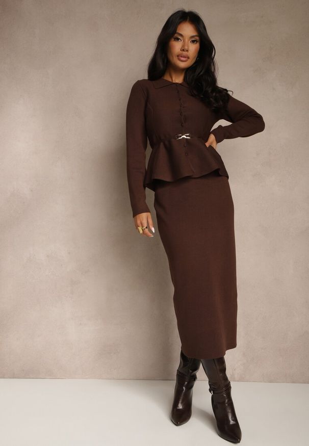 Renee - Brązowy Elegancki Komplet Garniturowy z Wiskozą Taliowana Marynarka i Spódnica Zaite. Kolor: brązowy. Materiał: wiskoza. Wzór: aplikacja