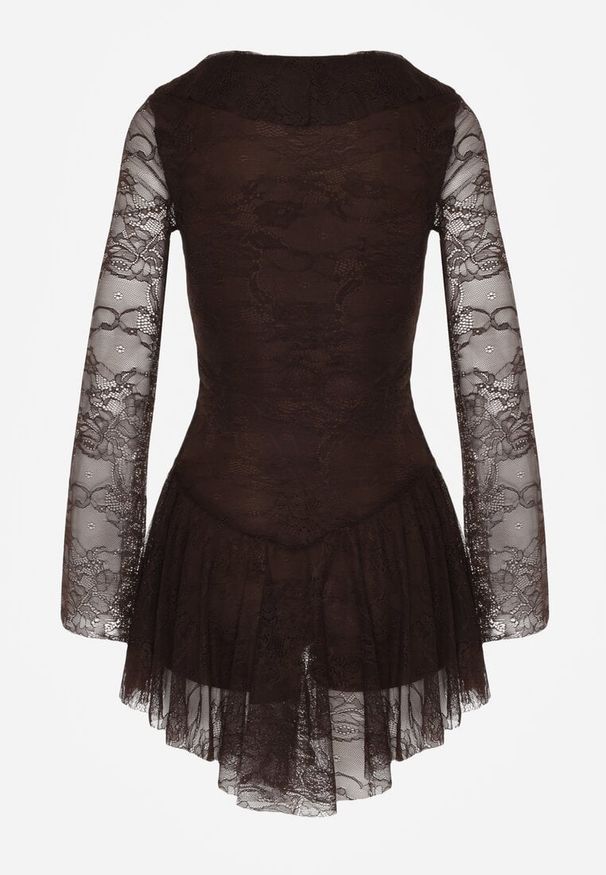 Born2be - Brązowa Koronkowa Sukienka Wieczorowa z Wiązaniem przy Dekolcie Ferolena. Okazja: na imprezę. Kolor: brązowy. Materiał: koronka. Styl: wizytowy