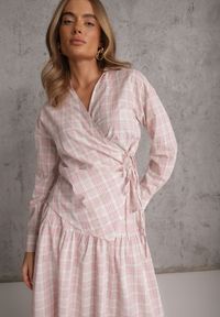Renee - Różowy Bawełniany Komplet Rozkloszowana Spódnica i Bluzka z Wiązaniem Allisa. Kolor: różowy. Materiał: bawełna. Wzór: kratka #5