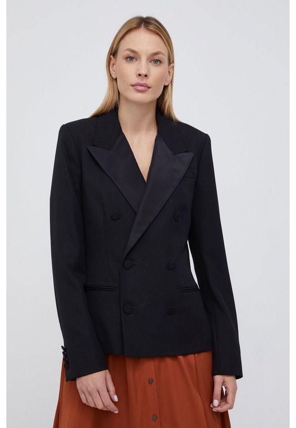 Polo Ralph Lauren Marynarka wełniana 211815087001 kolor czarny dwurzędowa gładka. Okazja: na co dzień. Typ kołnierza: polo. Kolor: czarny. Materiał: wełna. Wzór: gładki. Styl: casual, klasyczny