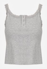 Born2be - Szary Top z Bawełny Ozdobiony Guzikami i Koronką przy Dekolcie Beralie. Okazja: na co dzień. Kolor: szary. Materiał: bawełna, koronka. Wzór: aplikacja, koronka. Styl: casual, elegancki, klasyczny #2