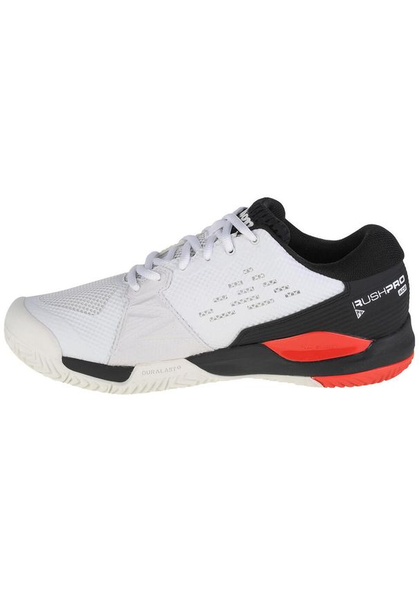 Buty do tenisa męskie, Wilson Rush Pro Ace. Zapięcie: sznurówki. Kolor: biały, wielokolorowy. Materiał: guma, materiał, syntetyk, tkanina. Szerokość cholewki: normalna. Sport: tenis