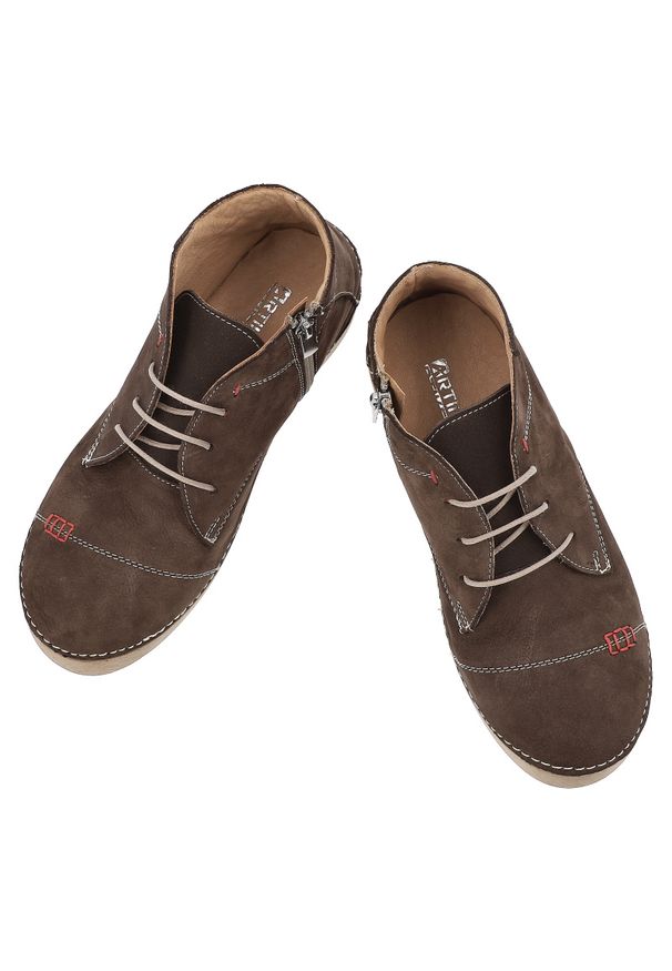 Brązowe Botki Artiker Skórzane Obuwie Damskie. Okazja: na co dzień. Zapięcie: sznurówki. Kolor: brązowy. Materiał: skóra. Szerokość cholewki: normalna. Styl: casual, klasyczny