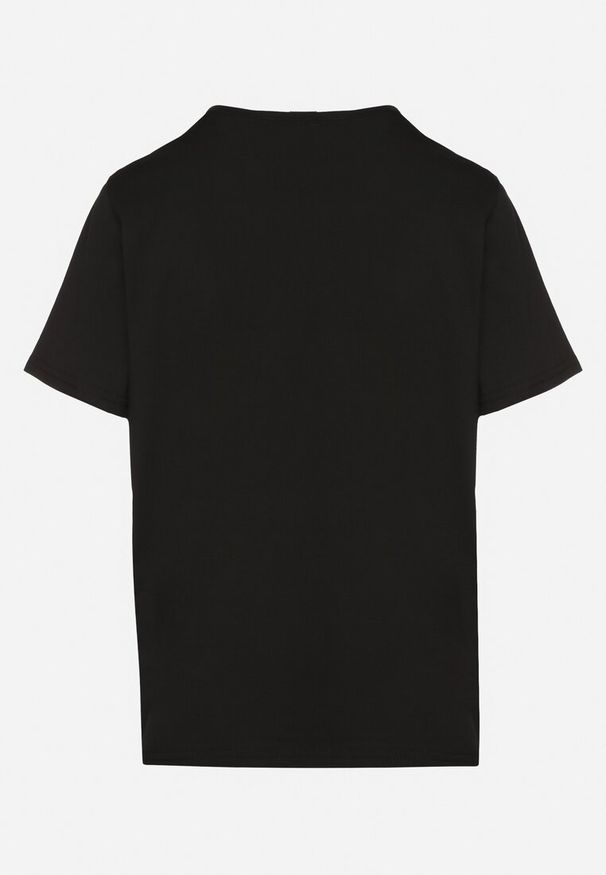 Born2be - Czarny Bawełniany T-shirt Ozdobiony Napisem Nalaviraen. Okazja: na randkę, na co dzień, na spacer. Kolor: czarny. Materiał: bawełna. Wzór: napisy, aplikacja. Styl: elegancki, casual
