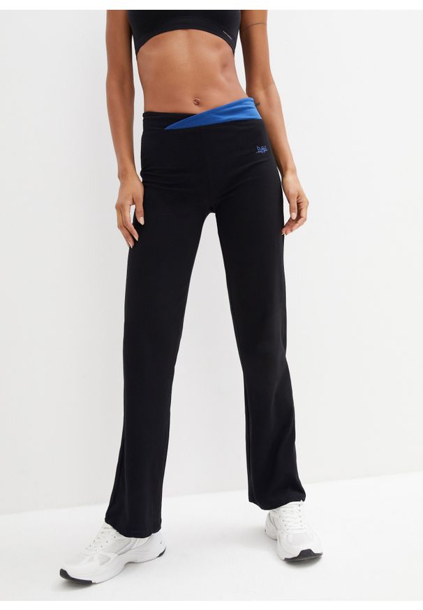 bonprix - Spodnie sportowe ze stretchem, poszerzane nogawki. Kolor: czarny. Materiał: materiał, bawełna. Styl: sportowy